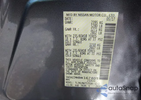 2017 Nissan Murano Sl from USA, damaged, VIN 5N1AZ2MH8HN167805